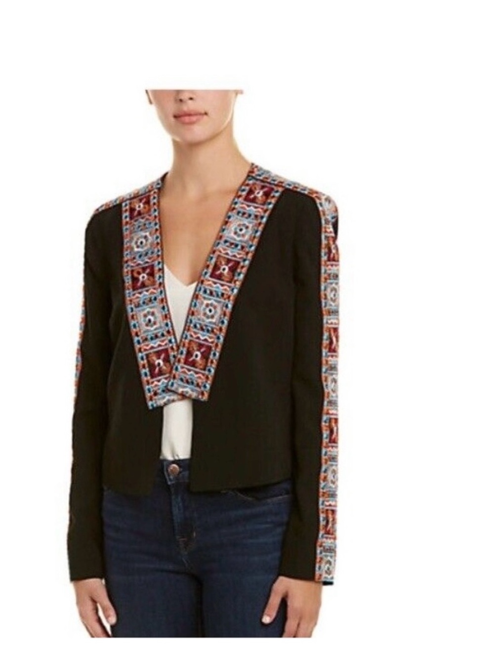BCBGMaxAzria Black Open-Front Jacket with Multicolor Embroidered Trim